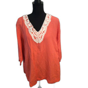 Plus size XXL Tunic lace trim womens V Neck Linen Blend Orange